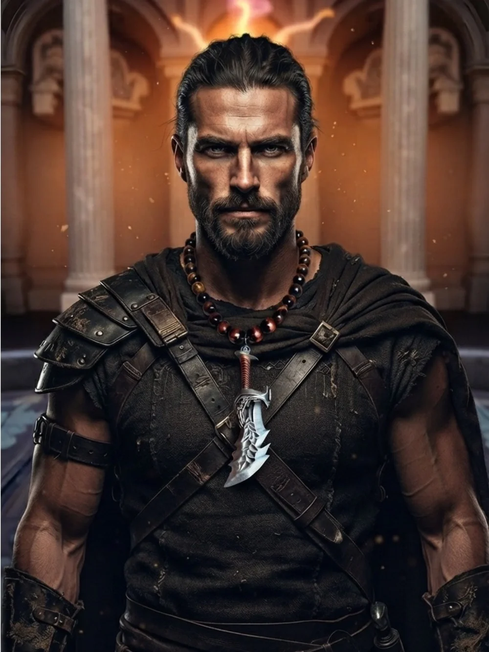 One of a kind Men's Black & Beaded Necklace with Silver Fantasy Sword Pendant